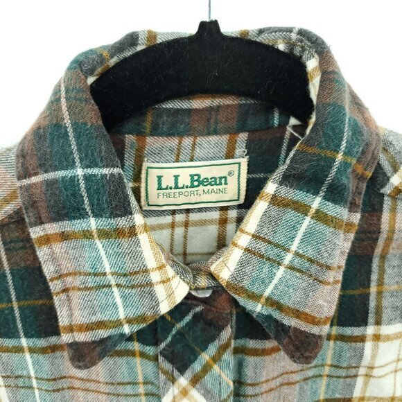 VTG L.L. Bean 100% Cotton Plaid Flannel Button Shirt S/M Cream/Green/Brown - Picture 4 of 16